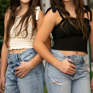 Katie J NYC Black and Cream Ruched Tops